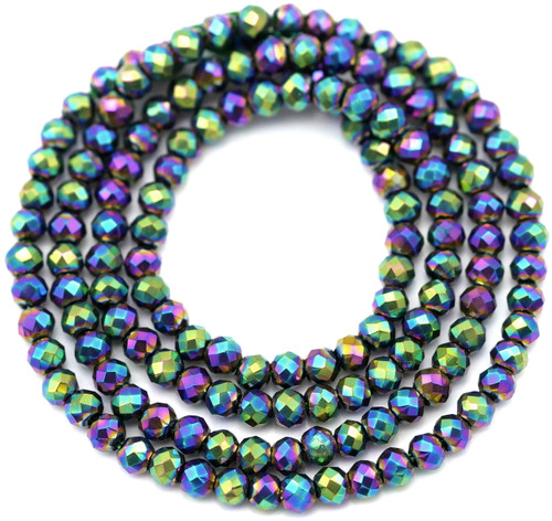 Approx. 14.5" Strand 3x2.5mm Crystal Faceted Round Beads, Green Peacock Iris