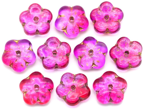  10pc 8mm Czech Pressed Glass Flower Beads, Crystal Red Violet Two Tone Luster