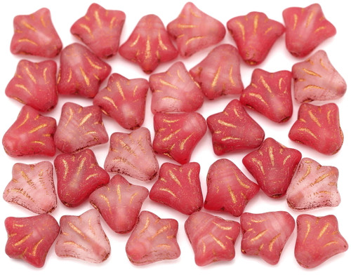 Approx. 10-Gram Bag (About 30pcs) of 9mm Czech Pressed Glass Lily Flower Beads, Matte Crystal & Red Swirl w/Copper Wash