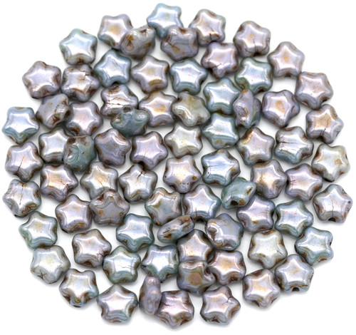 10-Gram Bag (About 70pc) of 6mm Czech Pressed Glass Star Beads, Alabaster/Lazure Blue Luster