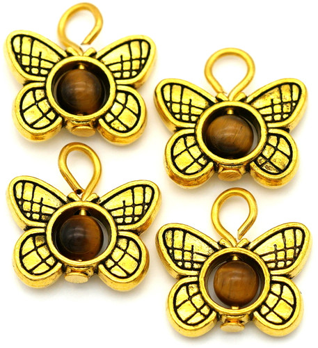 4pc 14x15.5mm Butterfly Charms, Antique Gold w/Tigereye