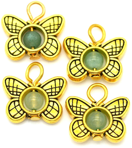 4pc 14x15.5mm Butterfly Charms, Antique Gold w/Green Aventurine