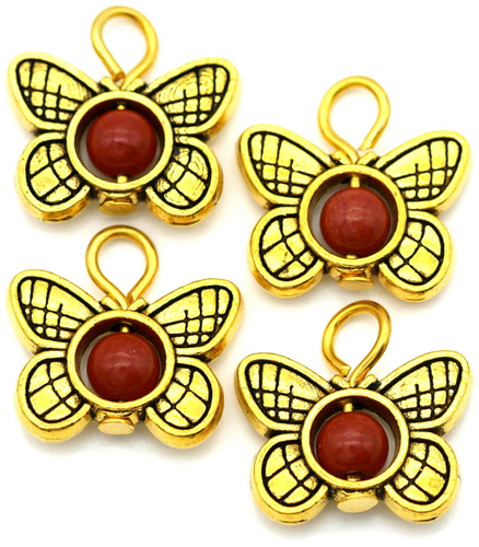 4pc 14x15.5mm Butterfly Charms, Antique Gold w/Red Jasper