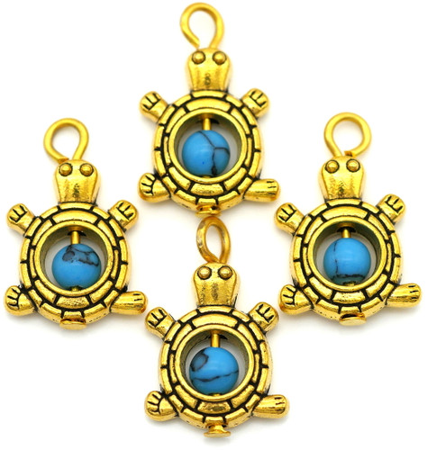 4pc 20x13mm Turtle Charms, Antique Gold w/Imitation Turquoise