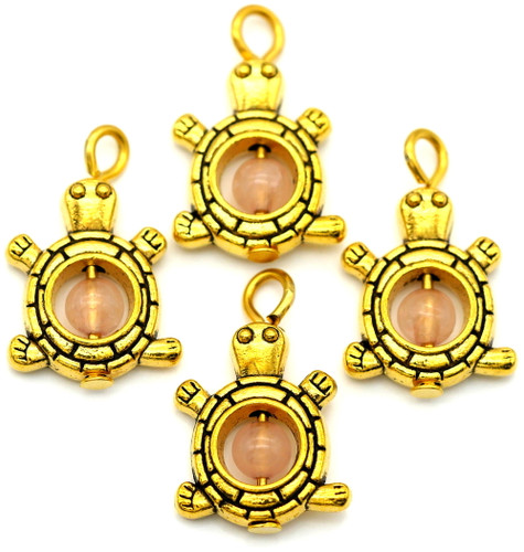 4pc 20x13mm Turtle Charms, Antique Gold w/Rose Quartz