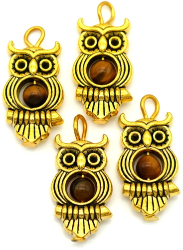 4pc 23x11.5mm Owl Charms, Antique Gold w/Tigereye