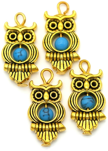 4pc 23x11.5mm Owl Charms, Antique Gold w/Imitation Turquoise