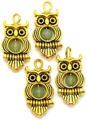 4pc 23x11.5mm Owl Charms, Antique Gold w/Green Aventurine