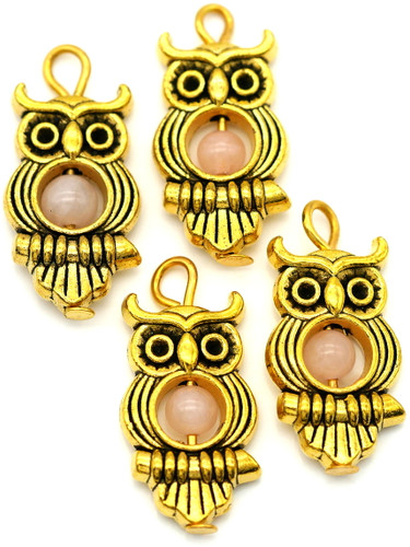 4pc 23x11.5mm Owl Charms, Antique Gold w/Rose Quartz