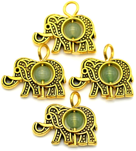 4pc 18x15mm Elephant Charms, Antique Gold w/Green Aventurine