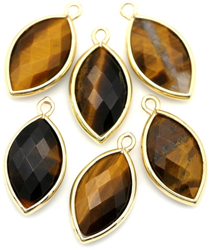 2pc 22x12mm Tigereye Faceted Marquise Pendant, Gold