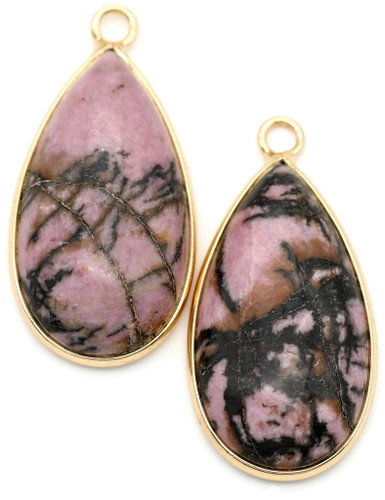 2pc Approx. 33x16mm Rhodonite Brass-Edged Teardrop Pendant, Gold