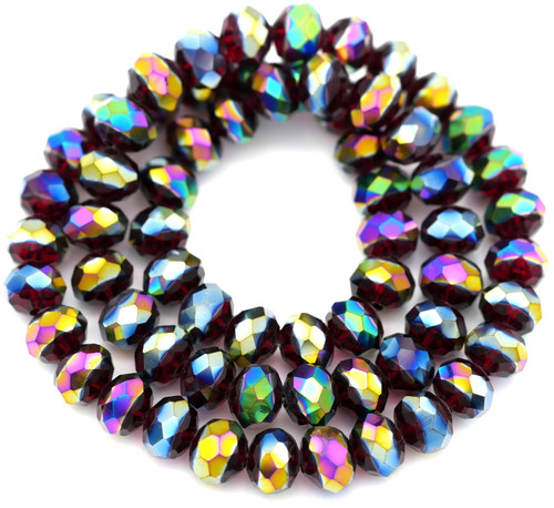 Approx. 16" Strand 8x6mm Crystal Faceted Rondelle Beads, Dark Ruby w/Wide Rainbow Iris Stripe