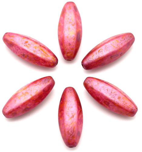 6pc 19x7mm Czech Pressed Glass Oval Beads, Alabaster/Chili Pink Spice