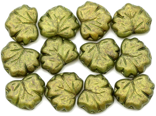 12pc 13x11mm Czech Pressed Glass Maple Leaf Beads, Crystal/Matte Cardamom Spice