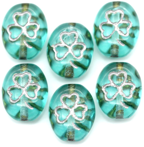 6pc 10x8mm Czech Pressed Glass Shamrock Oval Beads, Transparent Teal w/Silver Wash