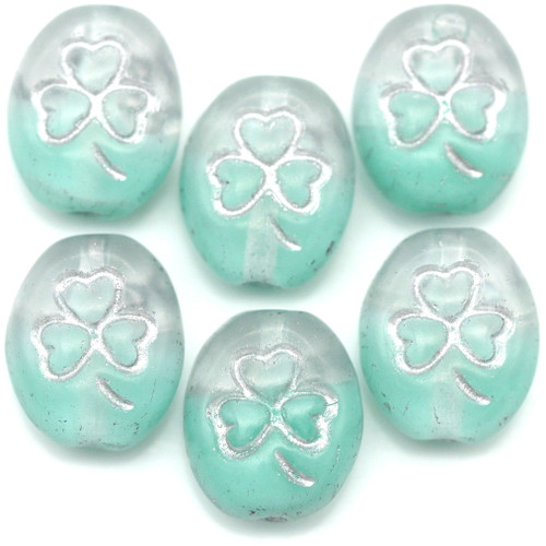 6pc 10x8mm Czech Pressed Glass Shamrock Oval Beads, Crystal & Turquoise Swirl w/Silver Wash