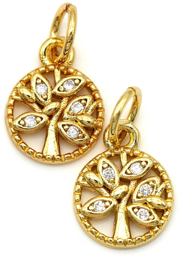 2pc 10x8mm Brass & Cubic Zirconia Leaf Charms, Gold