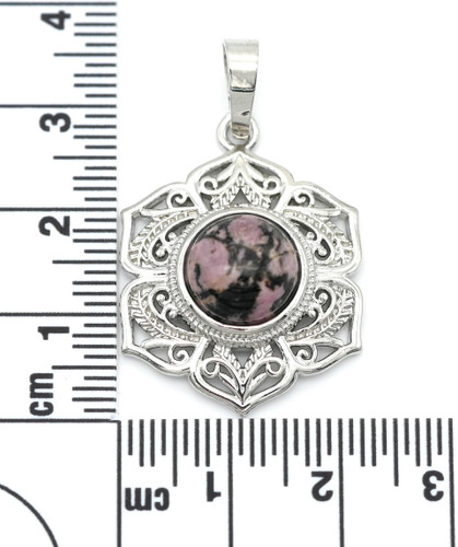 28x22mm Gemstone & Brass Filigree Flower Pendant, Rhodonite 