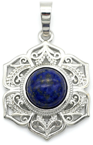 28x22mm Gemstone & Brass Filigree Flower Pendant, Lapis Lazuli