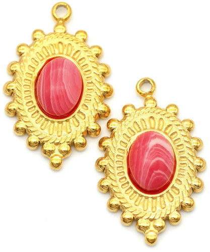 CLOSEOUT: PLEASE READ: 2pc 23.5x15mm Stainless Steel & Synthetic Gemstone Fancy Oval Pendants, Imitation Rhodochrosite (Man-Made of Resin) (MAY NEED TO RE-GLUE STONES)