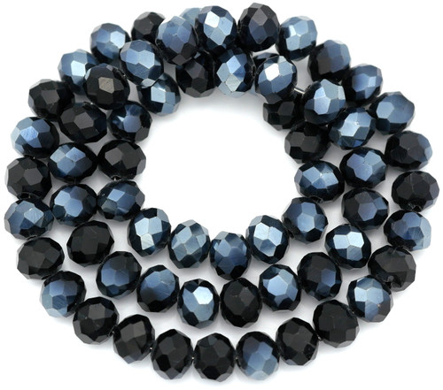 Approx. 16" Strand 8x6mm Crystal Faceted ROndelle Beads, Jet Black w/Steel Blue Shimmer