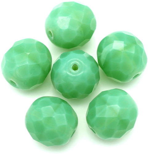 6pc 12mm Czech Fire Polished Faceted Round Beads, Sea Green Opal