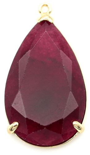 Approx. 32mm Malaysia "Jade" (Dyed Quartz) & Brass Faceted Teardrop Pendant, Cranberry