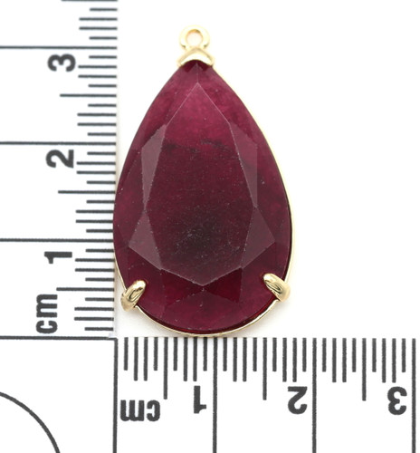 Approx. 32mm Malaysia "Jade" (Dyed Quartz) & Brass Faceted Teardrop Pendant, Cranberry