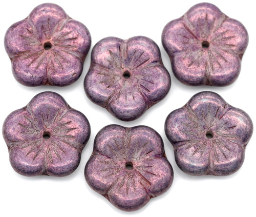 6pc 14mm Czech Pressed Glass 5-Petal Flower Beads, Alabaster w/Lila Vega Luster