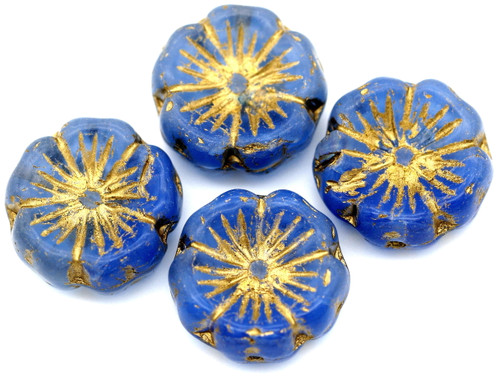 4pc 14mm Czech Pressed Glass Hawaiian Flower Beads, Blue Opal & Opaque Sapphire Swirl w/Gold Wash