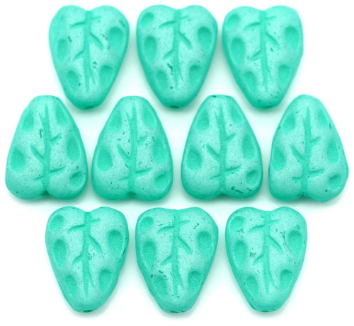 10pc 12x7mm Czech Pressed Glass Leaf Beads, Matte Teal Mint