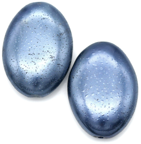 2pc 20x14mm Czech Pressed Glass Oval Bead, Textured Steel Blue Pearl Finish