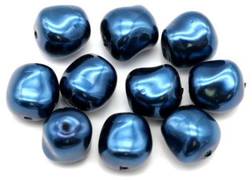 10pc 9mm Czech Pressed Glass Baroque Square Nugget Bead, Steel Blue Textured Pearl Finish