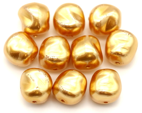 10pc 9mm Czech Pressed Glass Baroque Square Nugget Bead, Gold Textured Pearl Finish