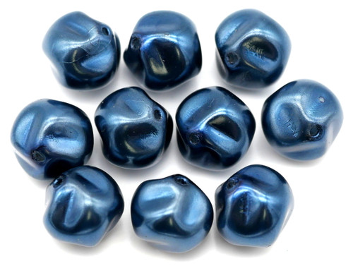 10pc 10mm Czech Pressed Glass Baroque Round Twist Bead, Steel Blue Pearl Finish