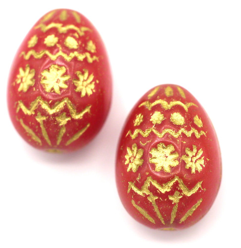 2pc 20x14mm Czech Pressed Glass Easter Egg Beads, Red Silk/Gold Wash