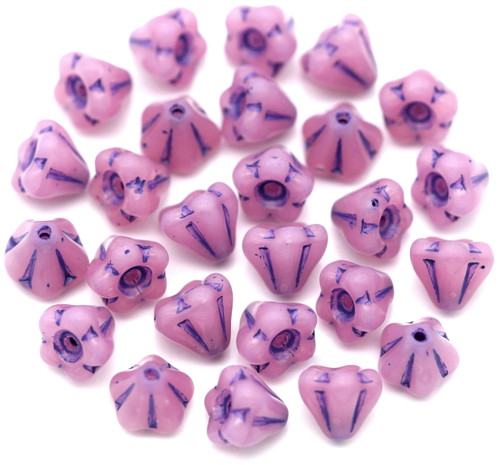 5-Gram Bag (About 24pc) 6x4mm Czech Pressed Glass Bell Flower Beads, Pink Opal w/Indigo Wash