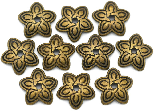 10pc 11mm Five-Petal Flower Bead Caps, Antique Bronze