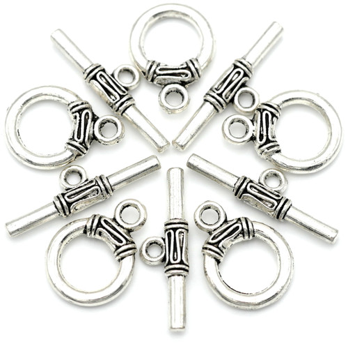 5 Sets 15x20mm (27mm Bar) Swirled-Accent Round Toggle Clasps, Antique Silver