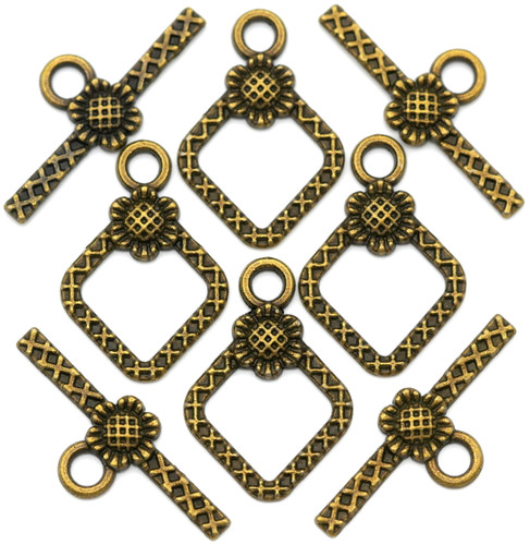 4 Sets 21x15mm (24mm Bar) Textured Diamond Toggle Clasps w/Sunflower Accent, Antique Bronze