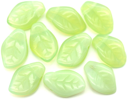 10pc 14x9mm Czech Pressed Glass Top-Drilled Leaf Beads, Sea Green Opal