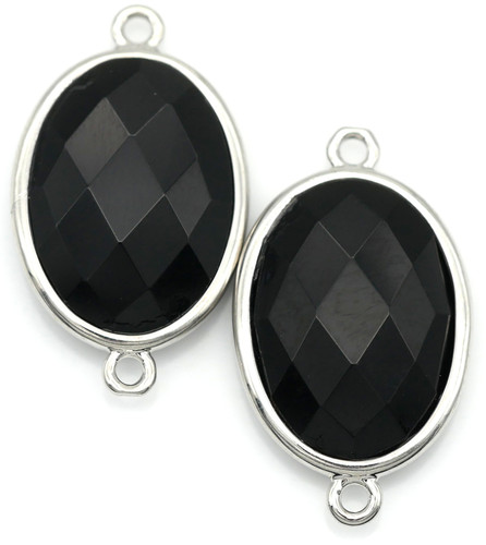 2pc 26x15mm Black Agate (Dyed/Heated) & Brass Faceted Oval Links, Silver