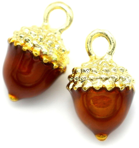 2pc 14x9mm Enameled Acorn Charms, Gold & Brown