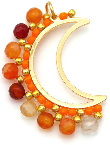 Approx. 35x24mm Beaded Crescent Moon Pendant, Red Agate (Dyed/Heated)