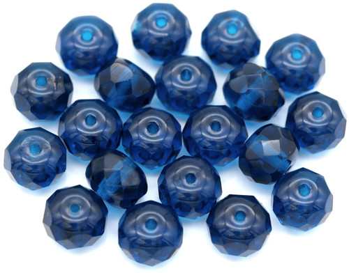20pc 9x6mm Czech Fire-Polished Glass Faceted Donut Rondelle Beads, Capri Blue