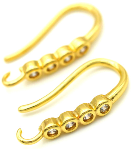 2pc (1 Pair) 18k Gold-Plated Brass & Cubic Zirconia Earwires w/4-Stone Accent