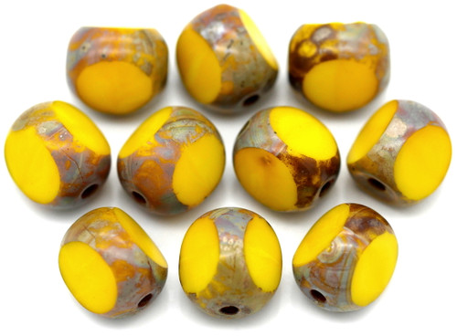 10pc 8mm Czech Table-Cut Glass Round 3-Cut Window Beads, Opaque Goldenrod w/Picasso