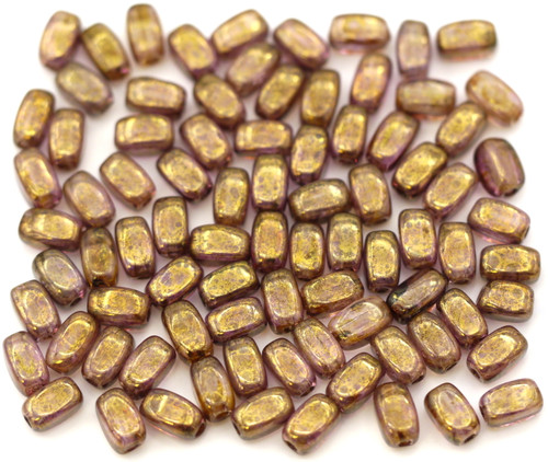 10 Grams (About 72pc) 6x4mm Czech Press Glass Rice Beads, Violet-Gold Luster