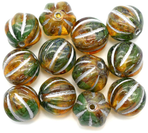 12pc 8mm Czech Pressed Glass Melon Beads, Crystal & Green Silk Swirl w/Picasso & Silver Wash